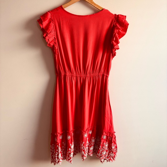 Solitaire Size M coral orange red eyelet floral dress with ruffle sleeves - Picture 8 of 12